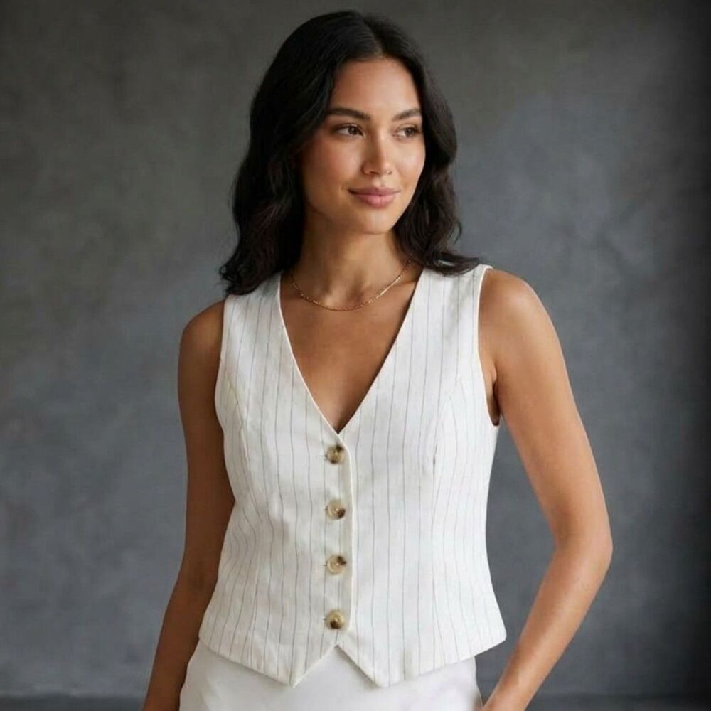 IRIS Womens Medium White Pinstripe V-Neck Button Front Crop Vest Top Shirt M